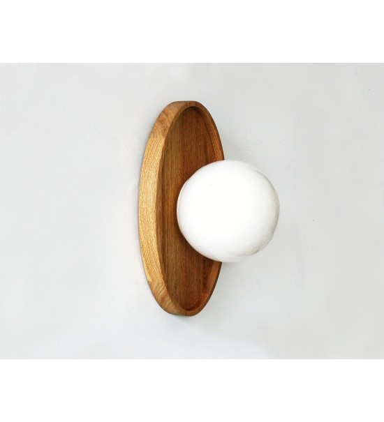 Oval wooden panel and opaline glass globe wall lamp