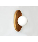 Oval wooden panel and opaline glass globe wall lamp