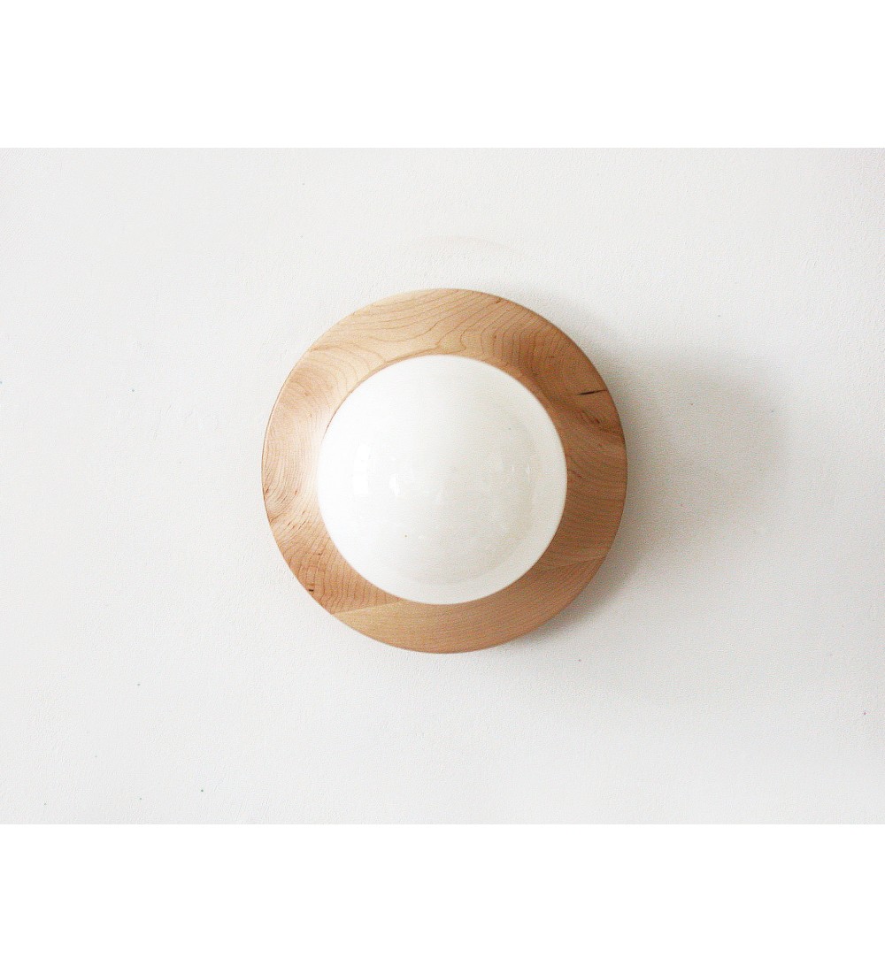Concave wooden ring and glass globe wall lamp