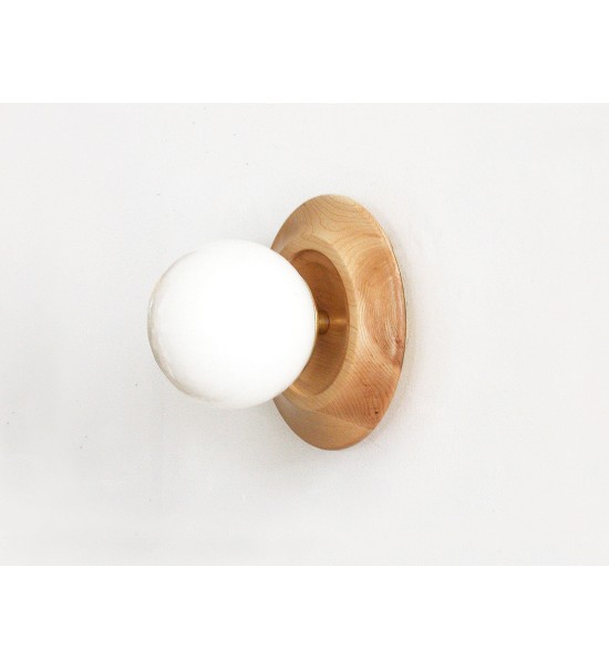 Concave wooden ring and glass globe wall lamp