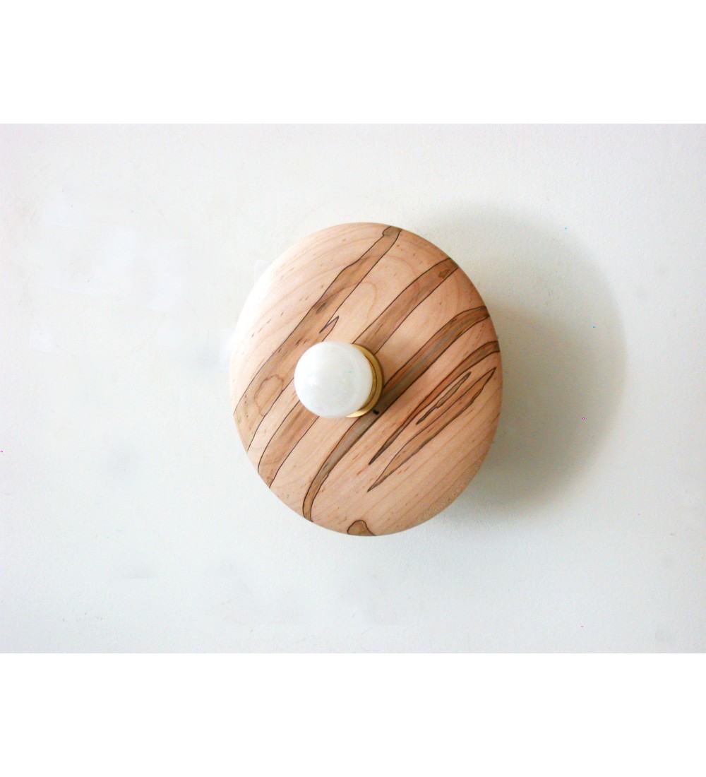 Wooden disc and opalescent glass globe wall lamp