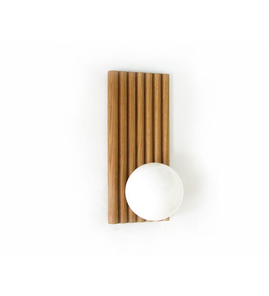 Wood panel and opaline glass globe wall lamp