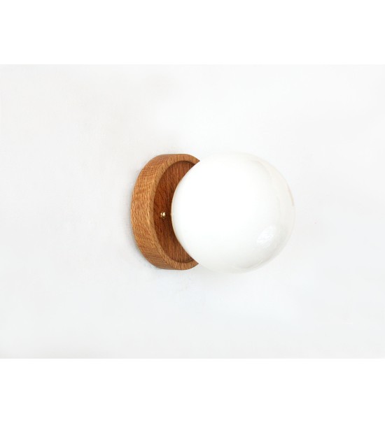 Wood and milky white spherical wall lamp
