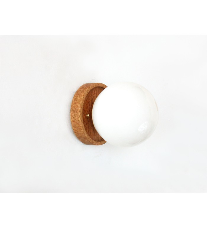 Wood and milky white spherical wall lamp