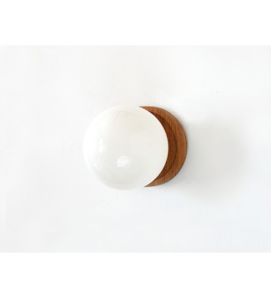 Wood and milky white spherical wall lamp