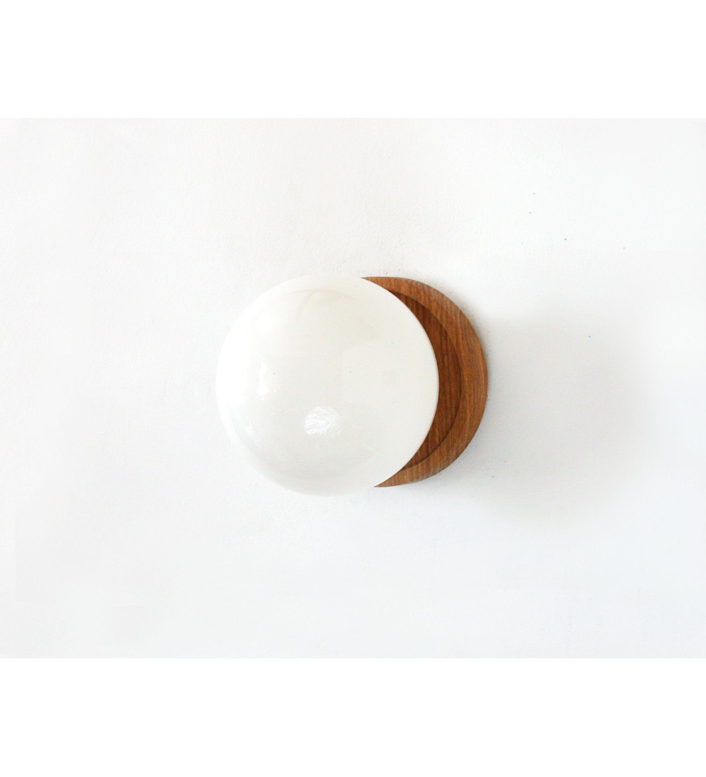 Wood and milky white spherical wall lamp