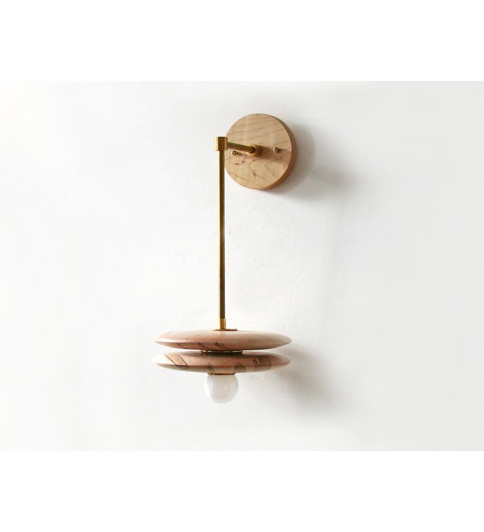 Wood grain disc and brass pendant wall light