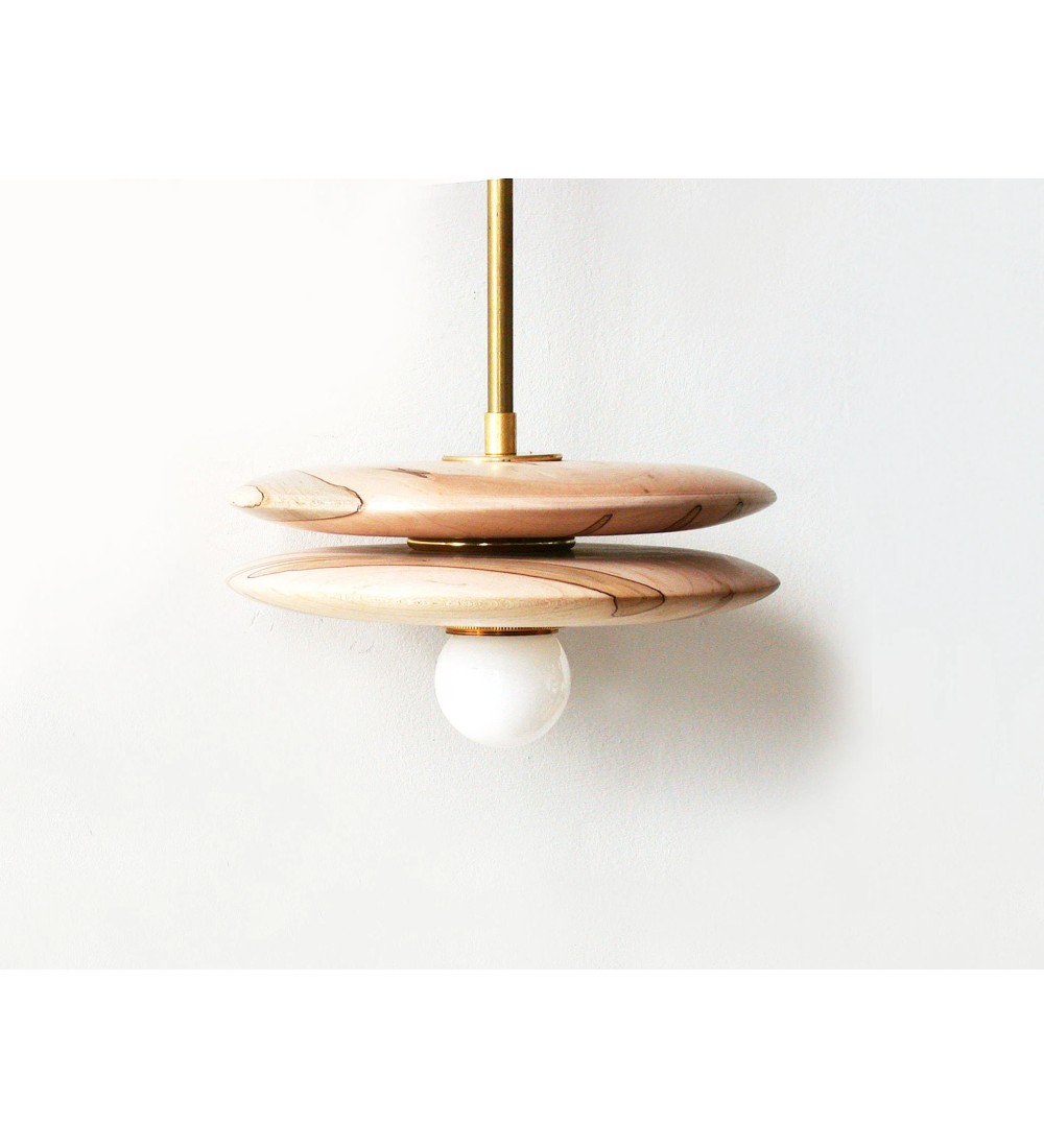 Wood grain disc and brass pendant wall light