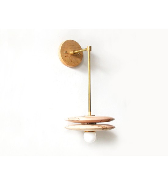 Wood grain disc and brass pendant wall light