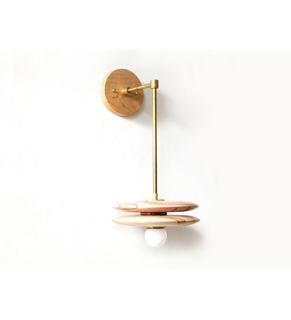 Wood grain disc and brass pendant wall light