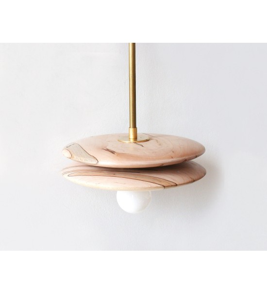 Wood grain disc and brass pendant wall light