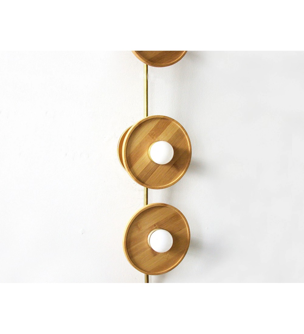 Vertical Four Ring Wood and Brass Wall Lamp