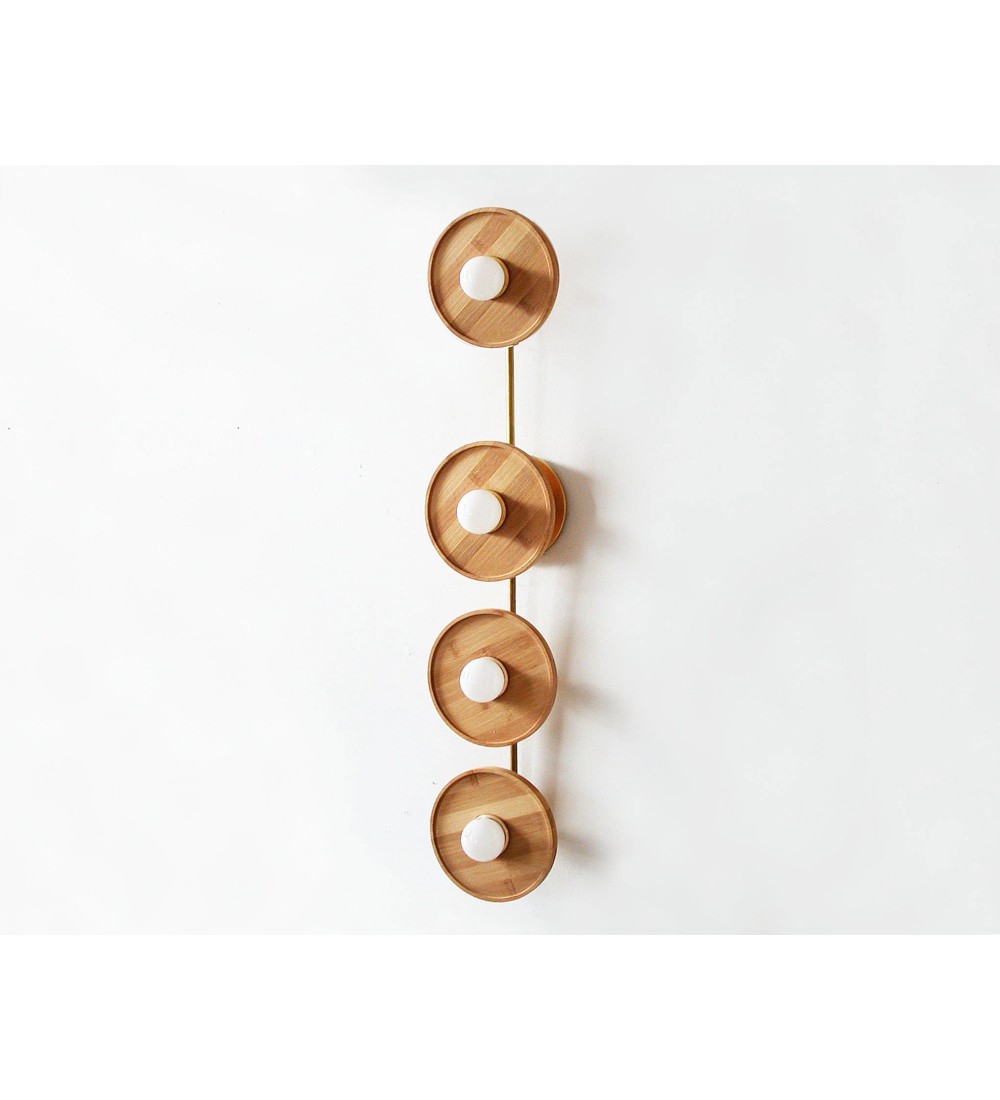 Vertical Four Ring Wood and Brass Wall Lamp