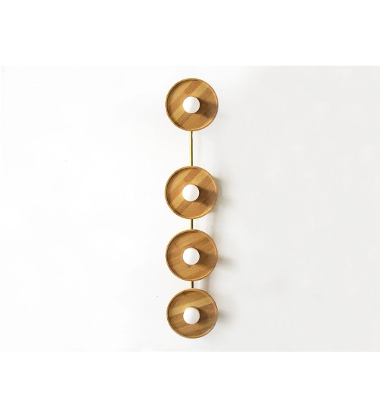 Vertical Four Ring Wood and Brass Wall Lamp