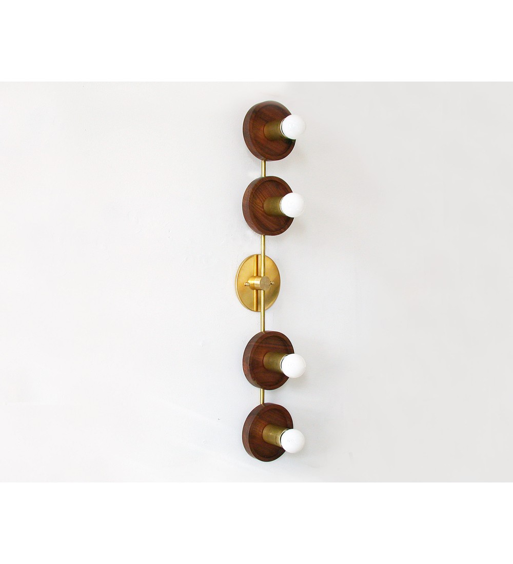 Vertical Four-Ring Walnut and Brass Wall Lamp
