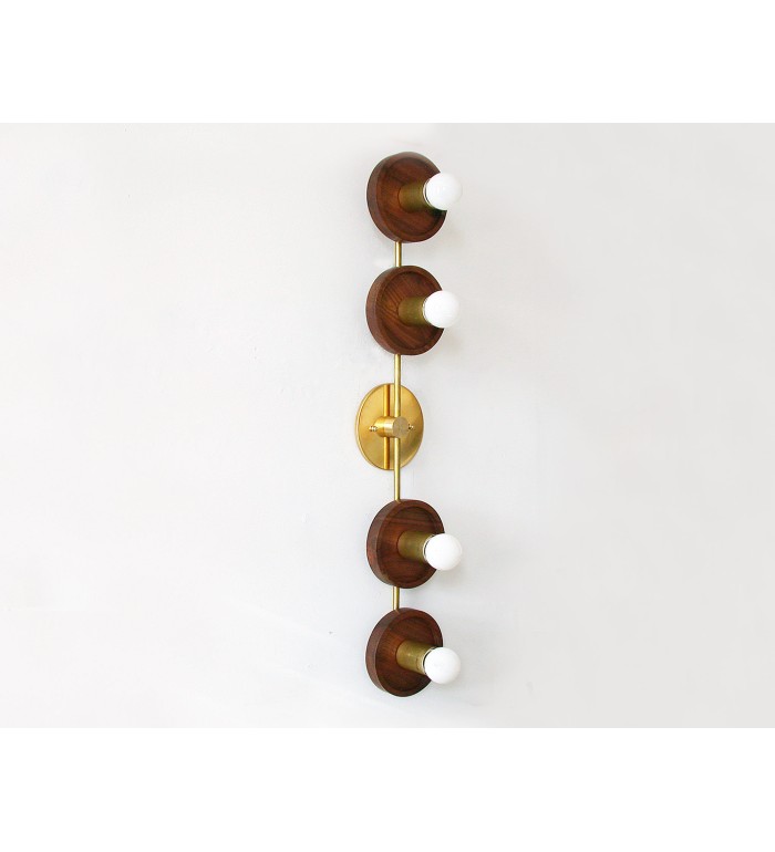 Vertical Four-Ring Walnut and Brass Wall Lamp
