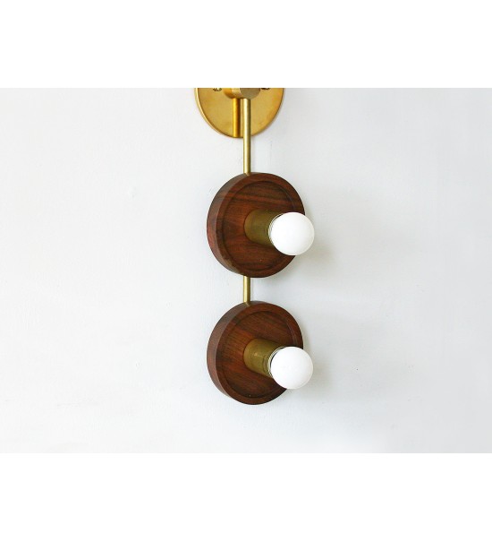 Vertical Four-Ring Walnut and Brass Wall Lamp