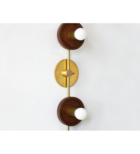 Vertical Four-Ring Walnut and Brass Wall Lamp