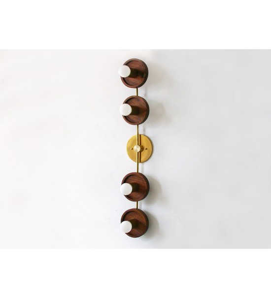Vertical Four-Ring Walnut and Brass Wall Lamp