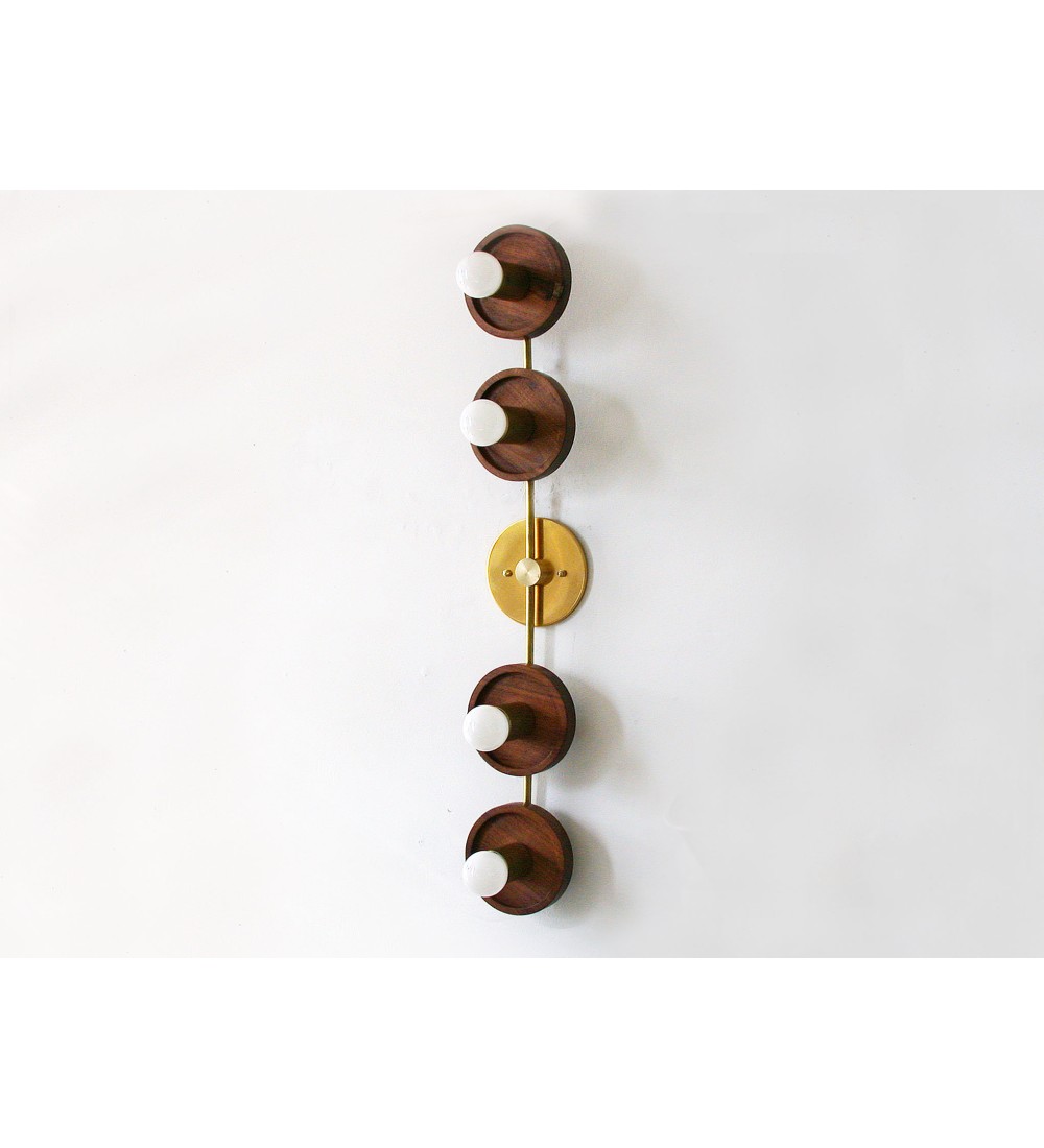 Vertical Four-Ring Walnut and Brass Wall Lamp