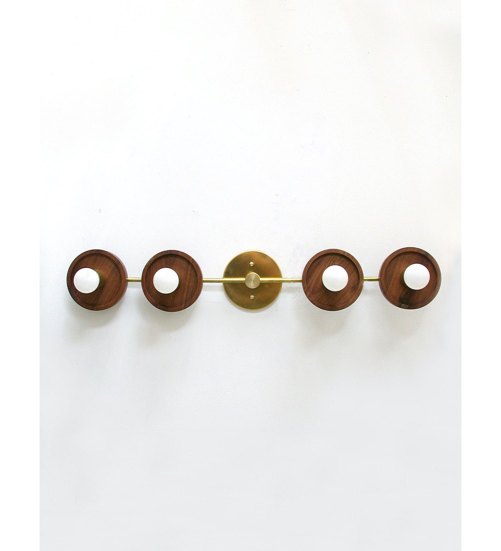 Vertical Four-Ring Walnut and Brass Wall Lamp
