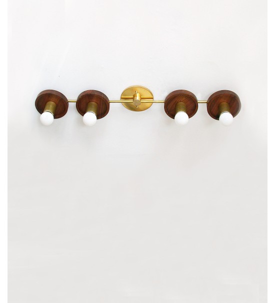 Vertical Four-Ring Walnut and Brass Wall Lamp