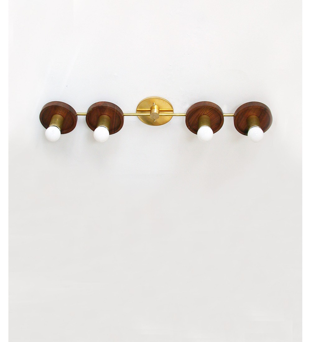 Vertical Four-Ring Walnut and Brass Wall Lamp