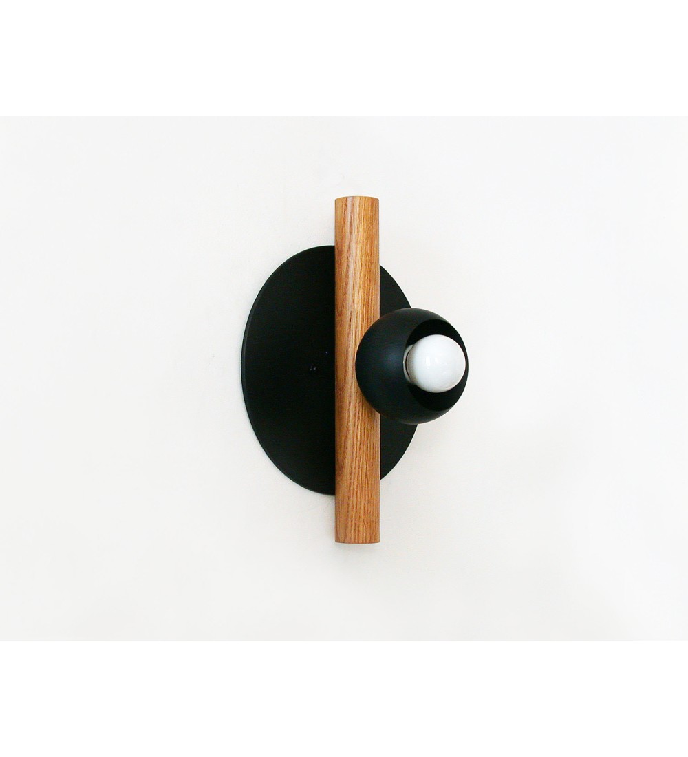 Black disc oak pole and cream cup wall lamp