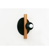 Black disc oak pole and cream cup wall lamp