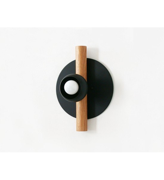 Black disc oak pole and cream cup wall lamp