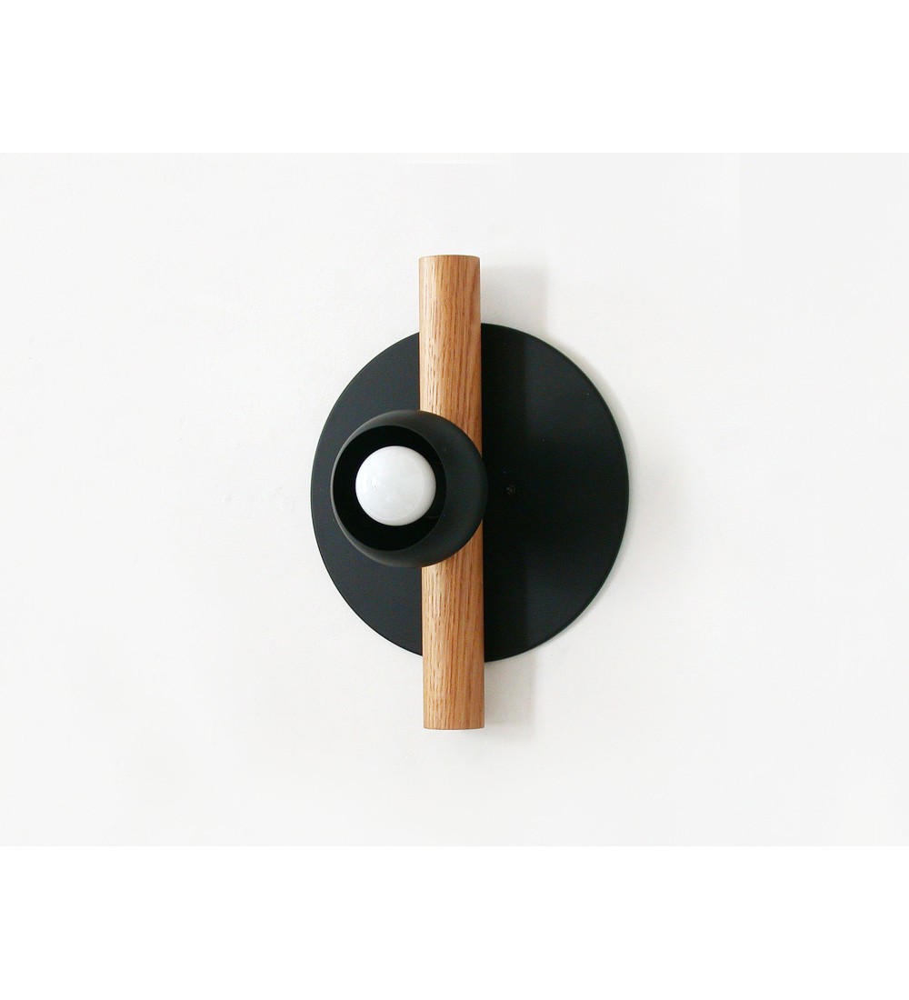 Black disc oak pole and cream cup wall lamp
