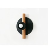 Black disc oak pole and cream cup wall lamp