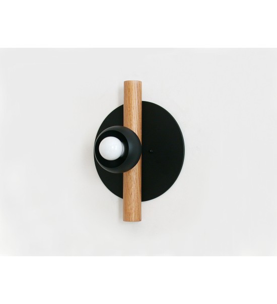 Black disc oak pole and cream cup wall lamp