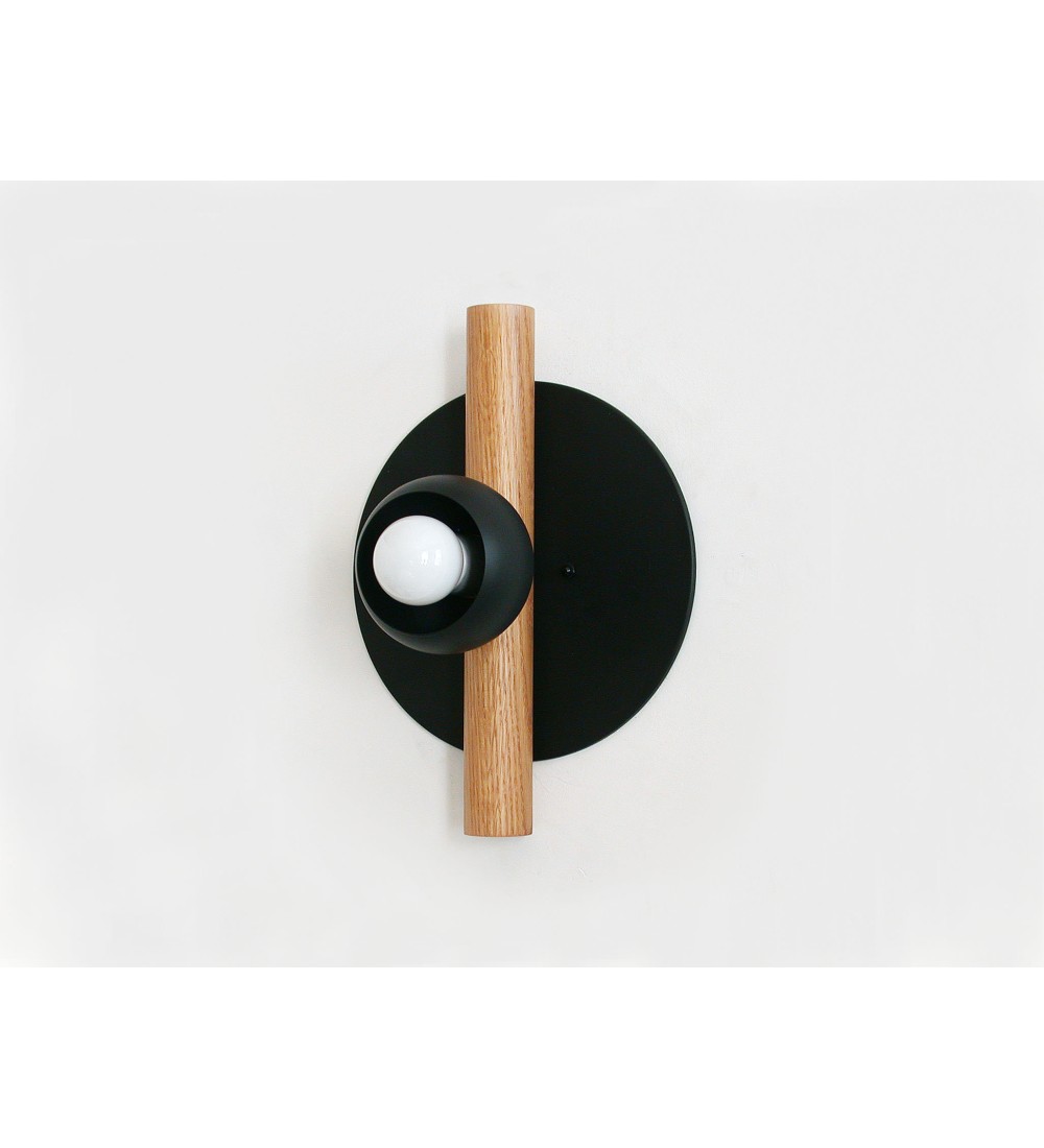 Black disc oak pole and cream cup wall lamp