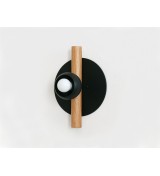 Black disc oak pole and cream cup wall lamp