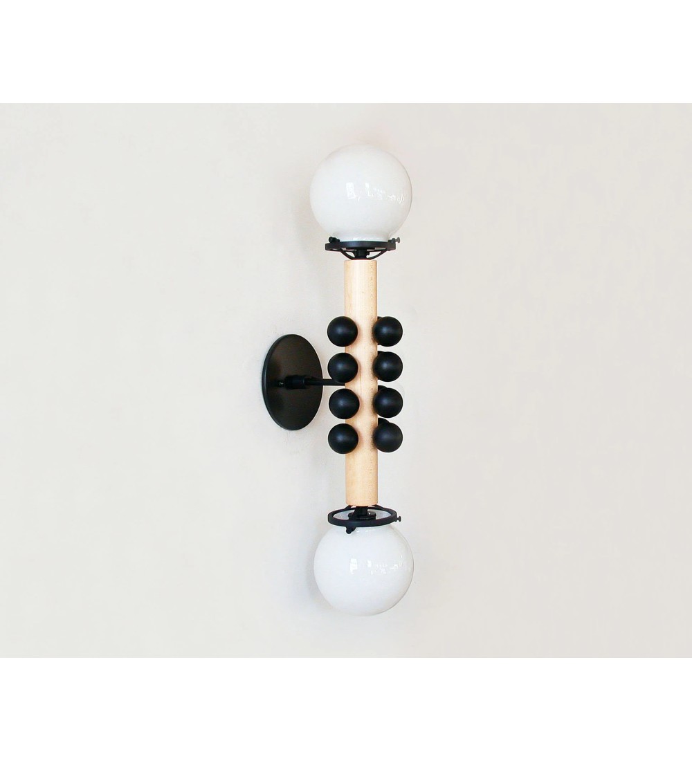 Double Sphere Bead and Wood Bar Wall Sconce