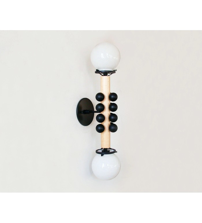 Double Sphere Bead and Wood Bar Wall Sconce