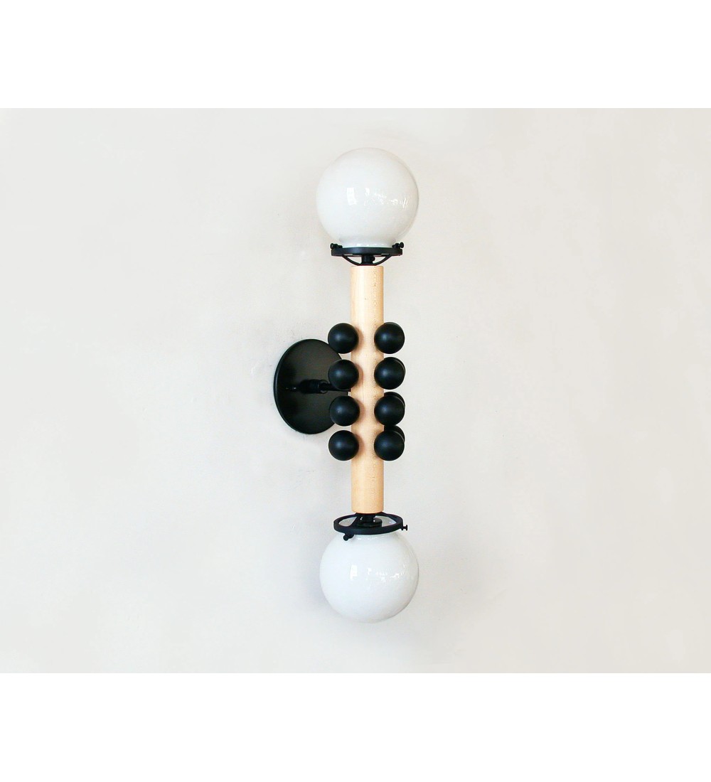 Double Sphere Bead and Wood Bar Wall Sconce