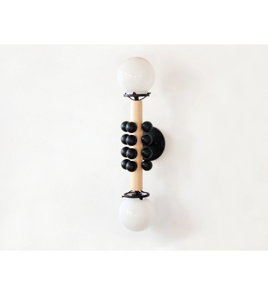 Double Sphere Bead and Wood Bar Wall Sconce