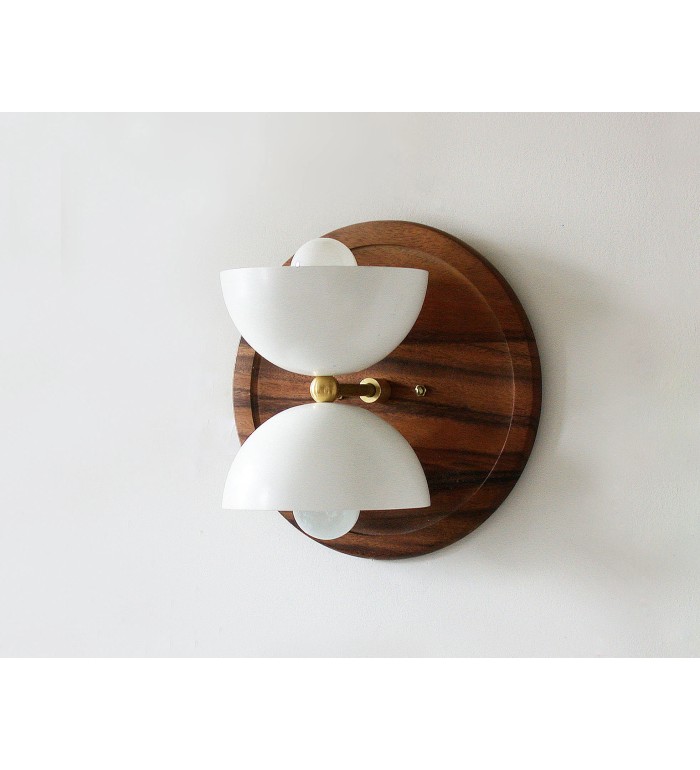 Double hemispherical wooden disc wall lamp