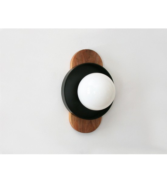 Walnut oval lamp plate and white dome wall lamp