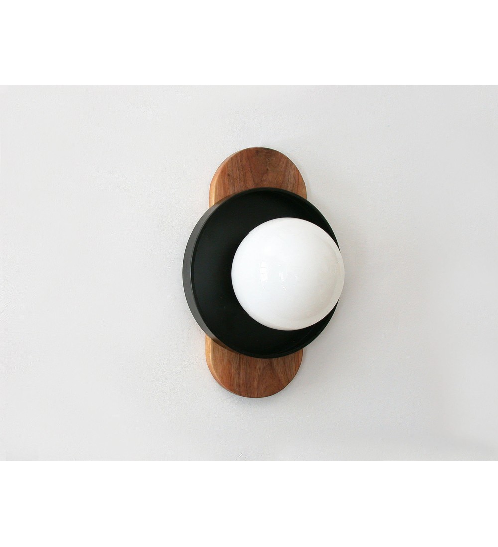 Walnut oval lamp plate and white dome wall lamp