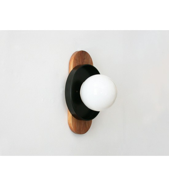 Walnut oval lamp plate and white dome wall lamp