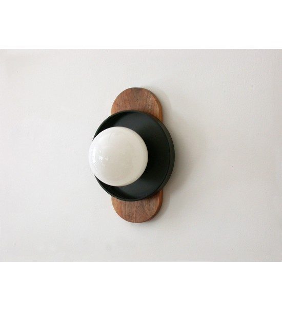Walnut oval lamp plate and white dome wall lamp
