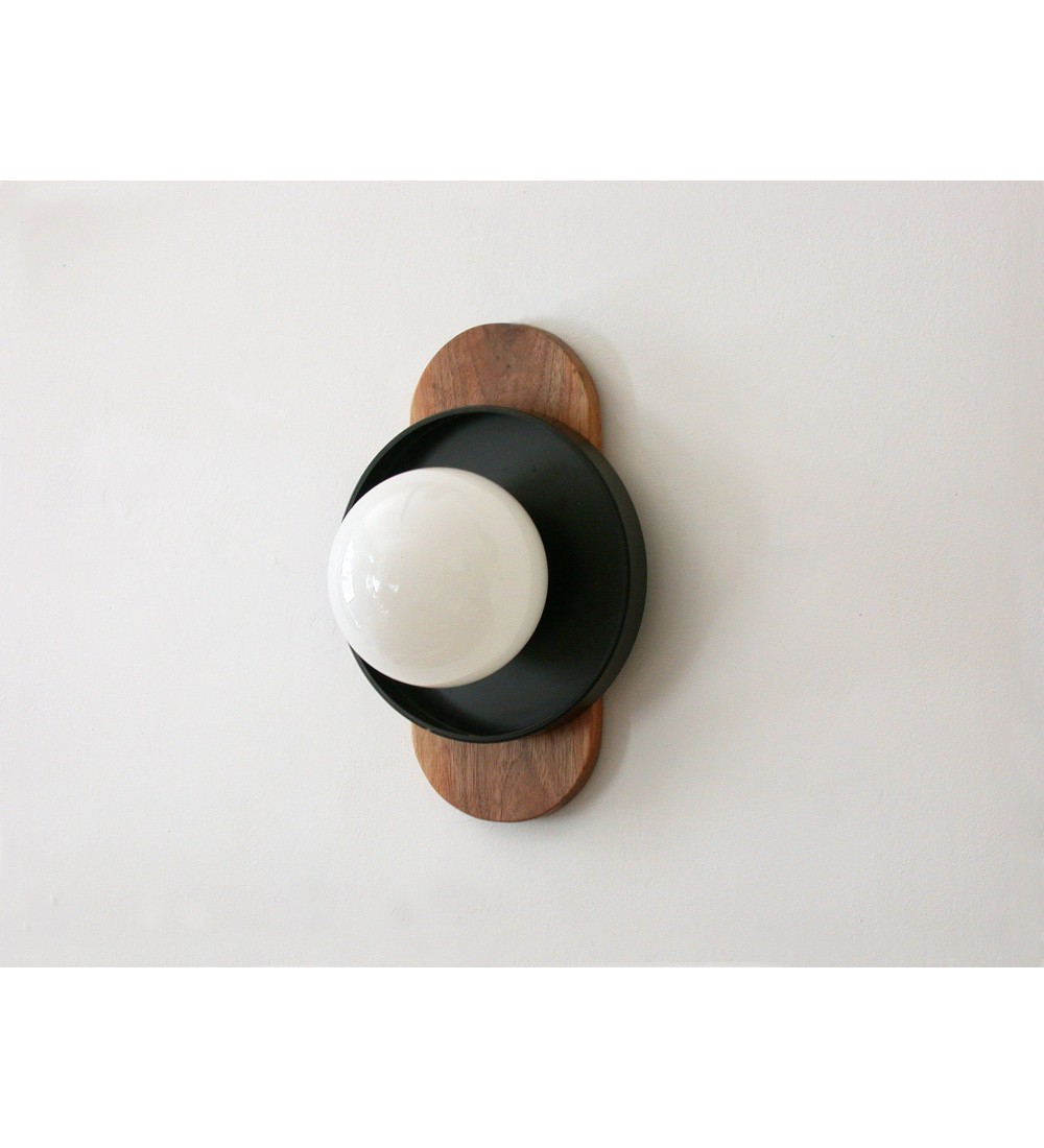 Walnut oval lamp plate and white dome wall lamp