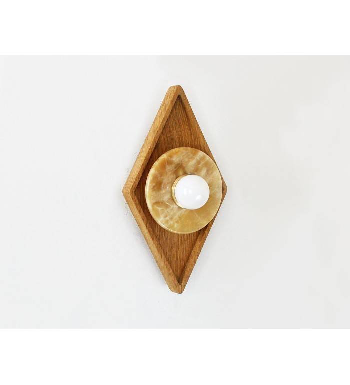 Diamond Wood Disc and Opal Bulb Wall Sconce